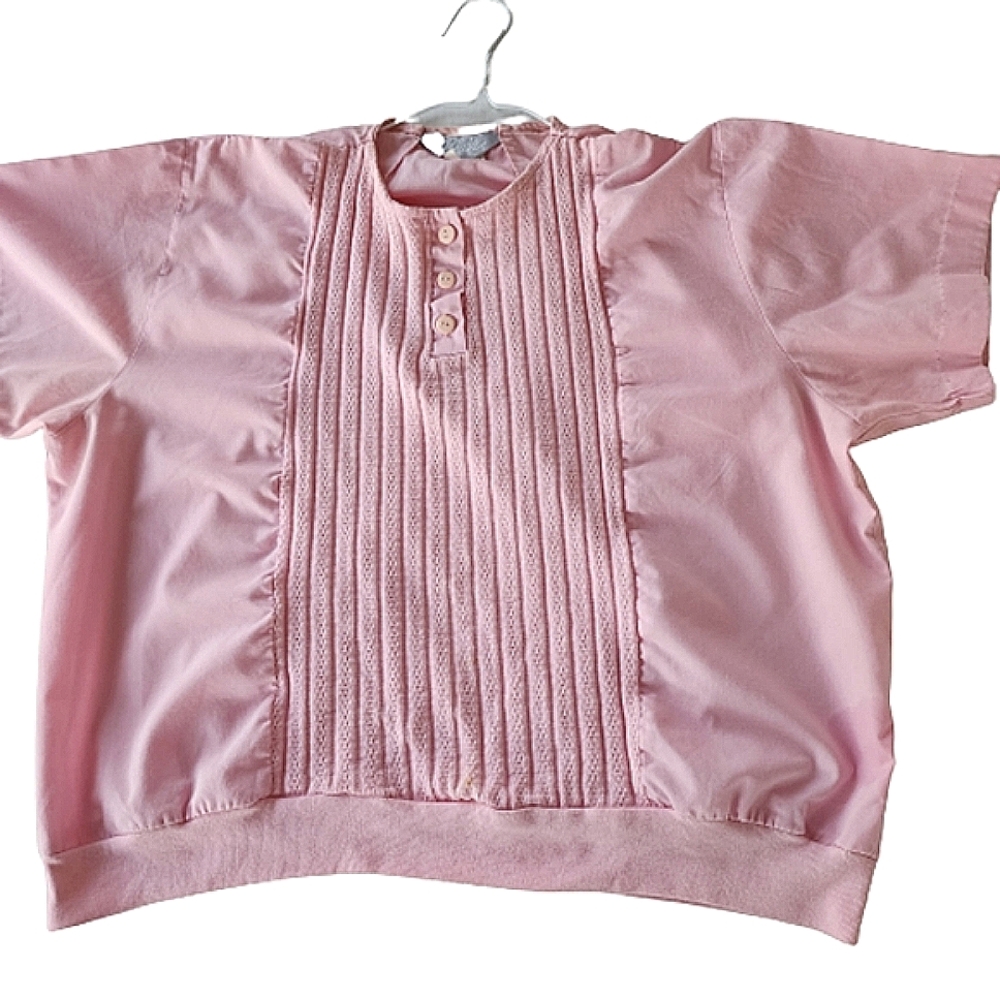Womens 2X Vintage USA Blair Cottagecore Pink Short Sleeve Knit Lace Front Top